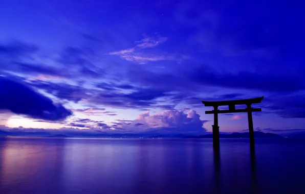 The sky, clouds, landscape, the ocean, gate, Japan, Japan, torii