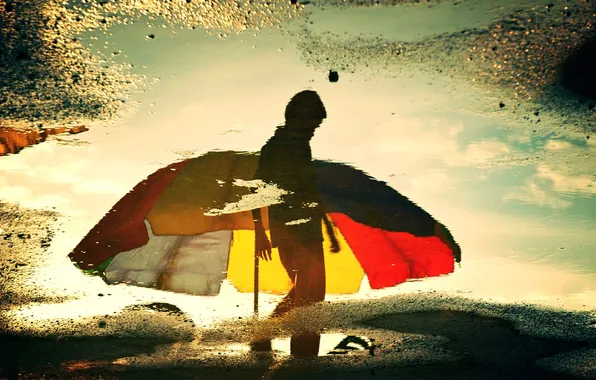 Picture sadness, reflection, umbrella, puddle, silhouette