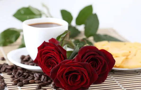 Coffee, roses, grain, cheese, plate, Cup, red, saucer