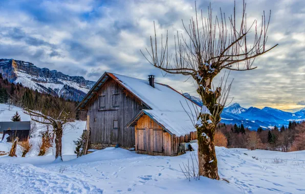 Snow, mountains, France, house, Savoie