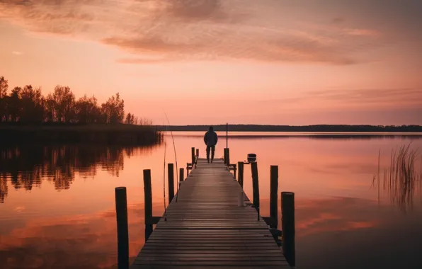 Forest, the sky, clouds, landscape, sunset, bridge, nature, lake