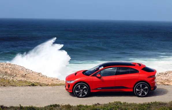 Machine, landscape, red, wave, Jaguar, red car, Jaguar I-Pace EV400 AWD HSE First Edition 2018