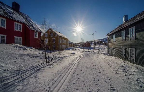 Winter, snow, street, village, Norway