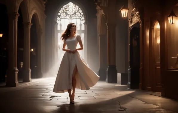 Look, columns, rays of light, beautiful girl, the room, digital art, in a white dress, …