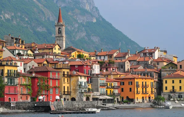 Picture sea, mountains, boat, home, Italy, Lombardy, Varenna