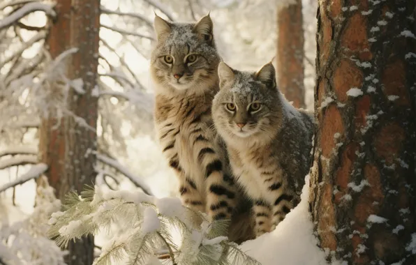 Winter, forest, look, snow, branches, pose, tree, lynx