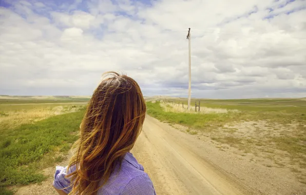 The sky, girl, nature, the wind, hair