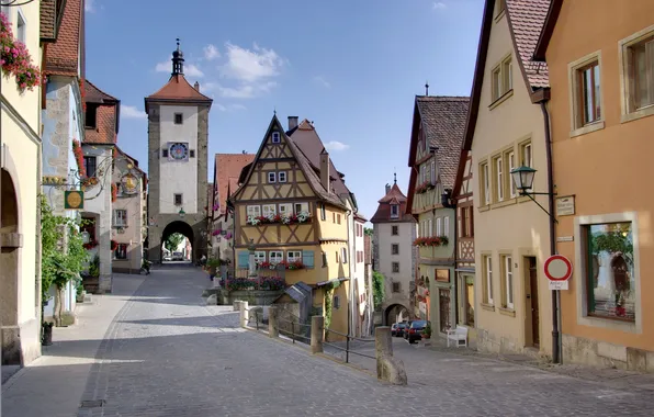 Machine, the city, street, watch, tower, home, Germany, Rothenburg