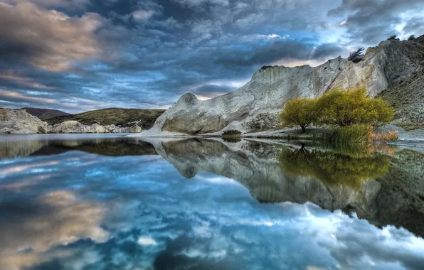 Picture the sky, clouds, trees, mountains, lake, reflection, hdr