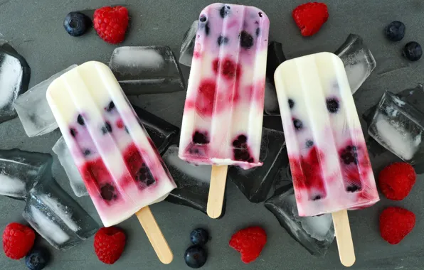 Picture berries, raspberry, blueberries, ice cream, dessert, ice cubes, fruit