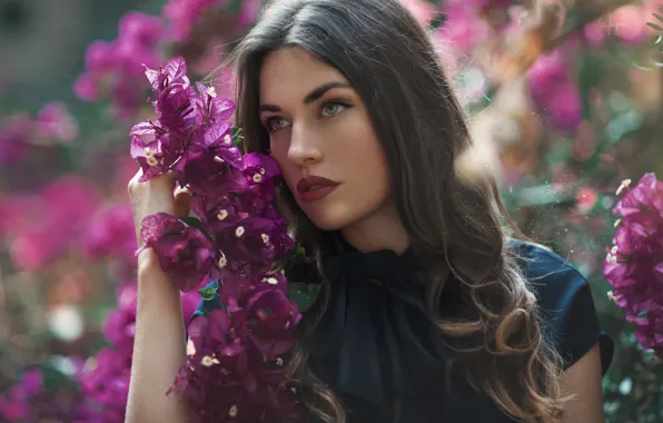 Picture flower, girl, face, hair, portrait, bougainvillea