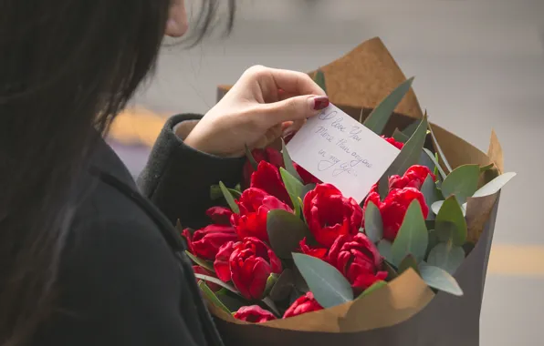Girl, love, flowers, bouquet, tulips, note