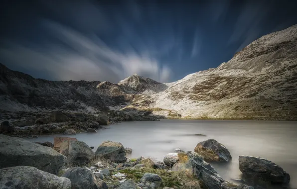 Clouds, mountains, lake