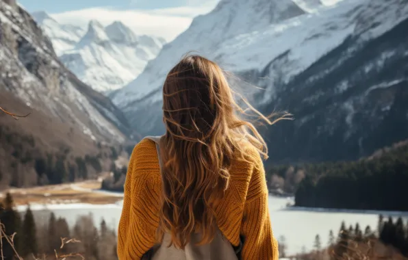 Cold, winter, girl, snow, mountains, nature, back, view