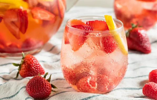 Drops, berries, raspberry, lemon, glass, towel, strawberry, cocktail