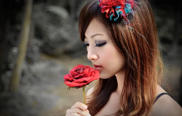 Girl, red rose, model, brunette, asian, cute, What, Zhang Kaijie
