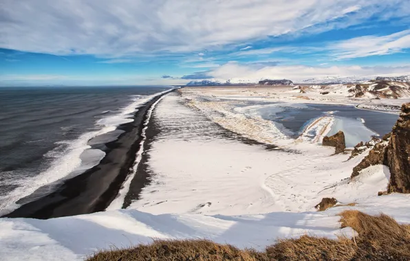 Winter, sea, the sky, clouds, snow, rocks