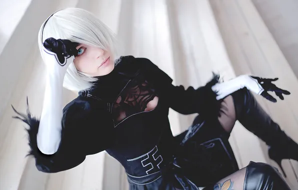 Picture cosplay, white hair, closeup, black clothing, Nier Automata, video game characters, purple-bitch