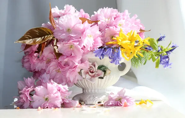 Picture cherry, bouquet, petals, Sakura, vase, bells, forsythia