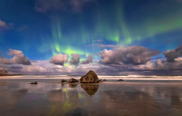 Picture sea, beach, the sky, stars, clouds, stones, Northern lights, horizon