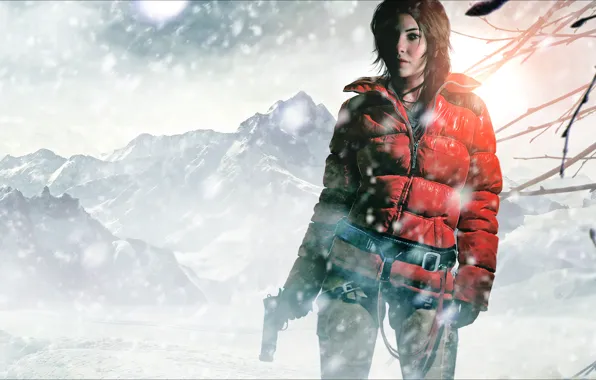 Picture winter, girl, snow, mountains, gun, the wind, lara croft, tomb raider