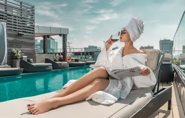 White, summer, the sky, water, girl, light, face, pose