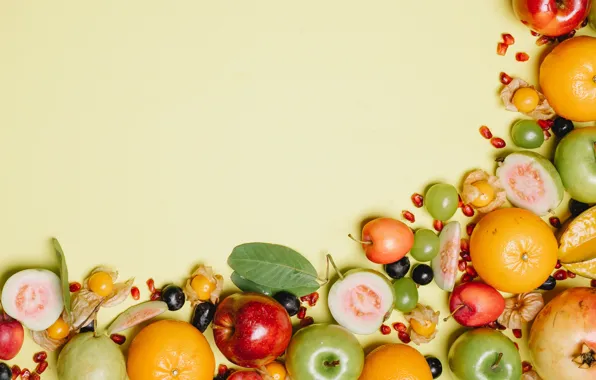 Leaves, background, apples, oranges, fruit, a lot, different, physalis