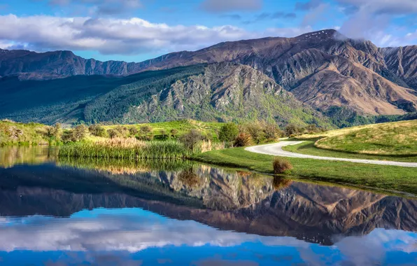 Clouds, trees, mountains, lake, reflection, blue, shore