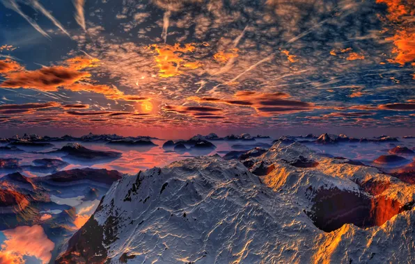 The sky, clouds, snow, sunset, mountains, High Emotions