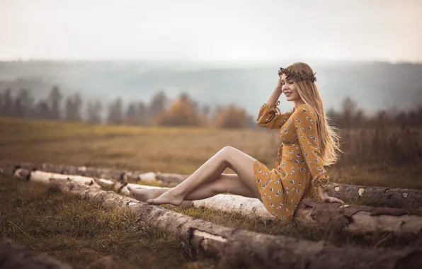 Picture girl, nature, pose, smile, hair, dress, blonde, legs