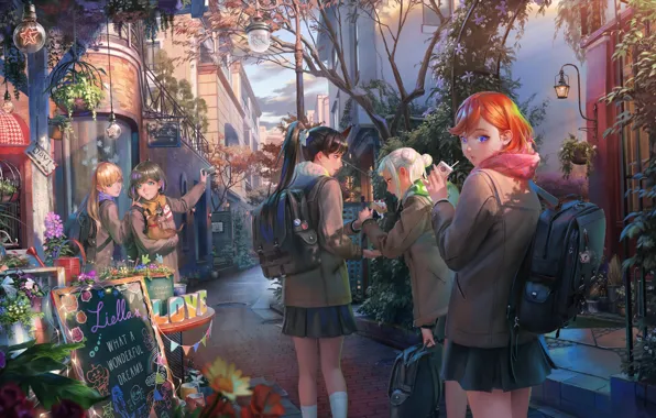 Flowers, lights, red, Schoolgirls, friend, satchel, Love Live!, Living Love!