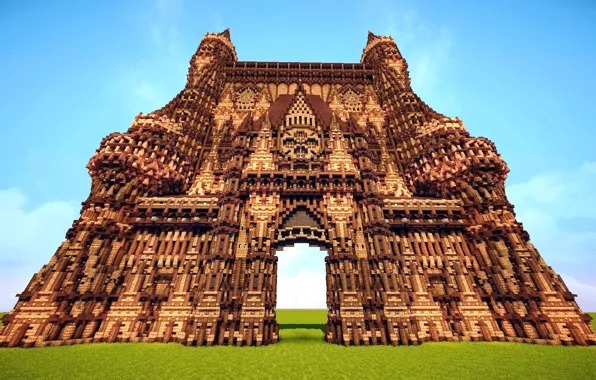 Field, the sky, grass, blocks, Cathedral, architecture, structure, Minecraft