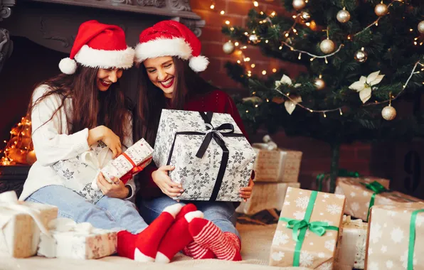 Joy, girls, room, Christmas, gifts, New year, Duo, two girls