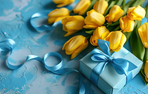 Flowers, tape, holiday, gift, bouquet, yellow, tulips, bow