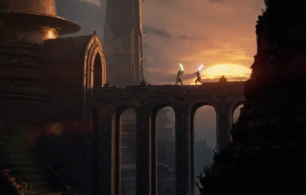 Sunset, bridge, fiction, building, duel, Star wars, lightsaber, Eklips