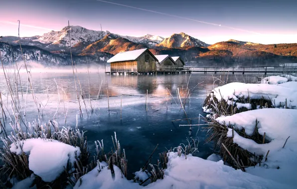 Winter, forest, mountains, nature, lake, reflection, boat houses