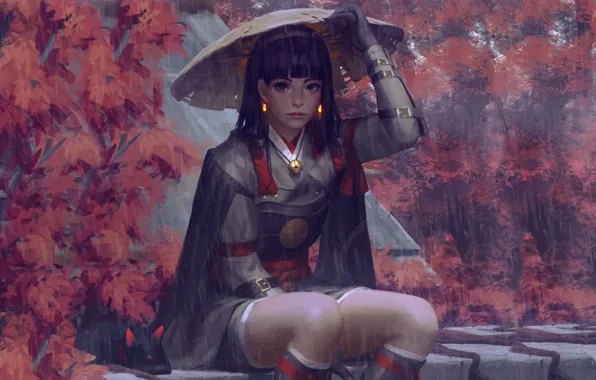 Rain, hat, armor, Japan, art, Guweiz, woman warrior, autumn trees