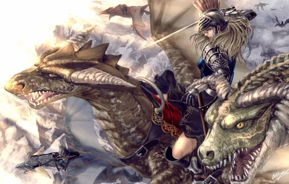 Girl, weapons, dragons, sword, art, helmet, riders, armor