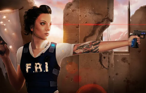 Picture girl, guns, tattoo, Art, the vest, FBI, laser sight