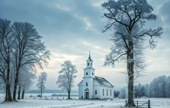 Winter, field, snow, Church, pine, AI art, neural network