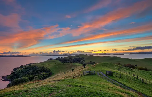 Field, the sky, grass, clouds, trees, sunset, mountains, lake