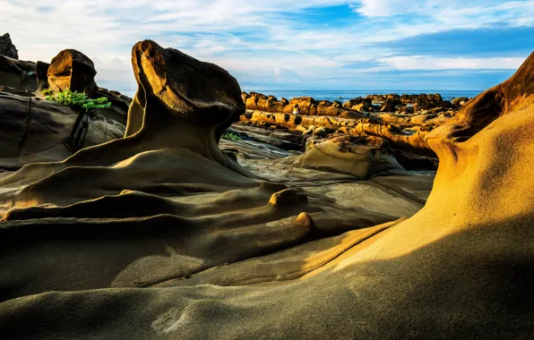 Sea, the sky, clouds, line, blue, stones, rocks, shore