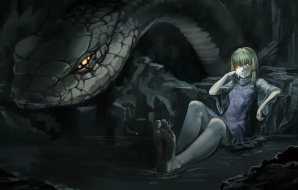 Picture water, girl, blood, snake, snakes, cave, touhou, burning eyes