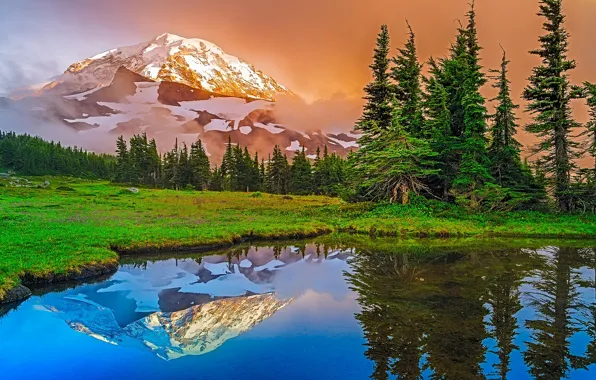 Trees, mountains, lake, reflection, USA, Washington