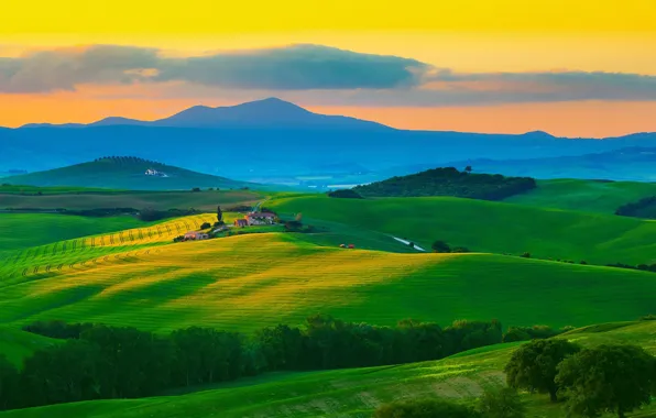 Picture hills, Italy, clouds, house, sunset, Tuscany, trees, mountains