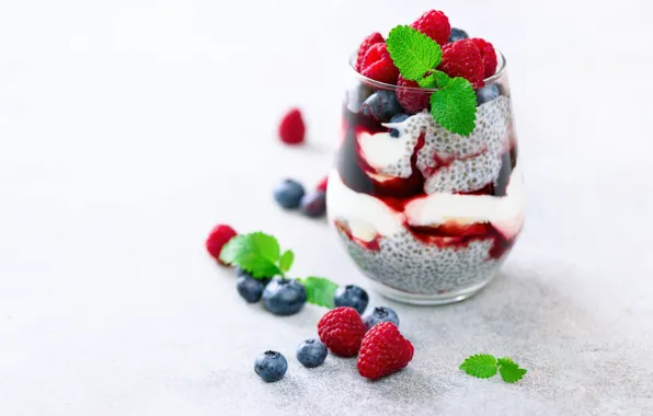 Glass, berries, raspberry, Breakfast, blueberries, mint, pudding, Chia