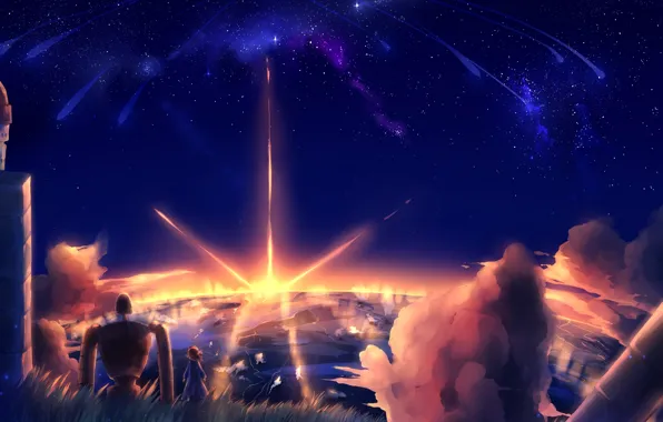 Picture the sky, stars, clouds, sunset, nature, robot, anime, art