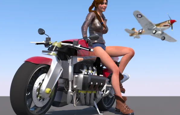 Girl, the plane, rendering, visualization, art, motorcycle, the sky, 3d.