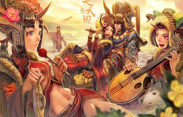 Picture girls, wolf, art, outfit, horns, guys, musical instrument, lute