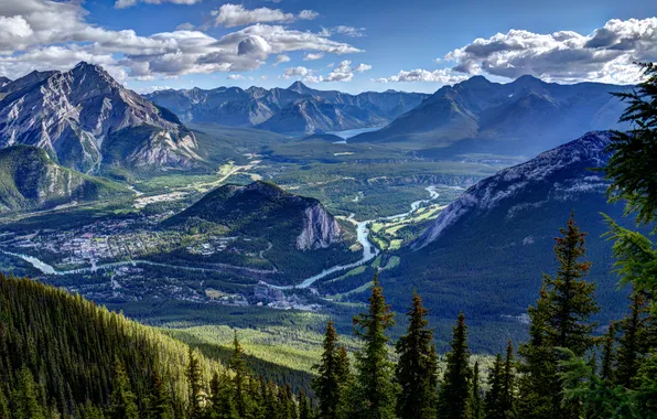 Forest, the sky, clouds, mountains, river, valley, panorama, Banff National Park